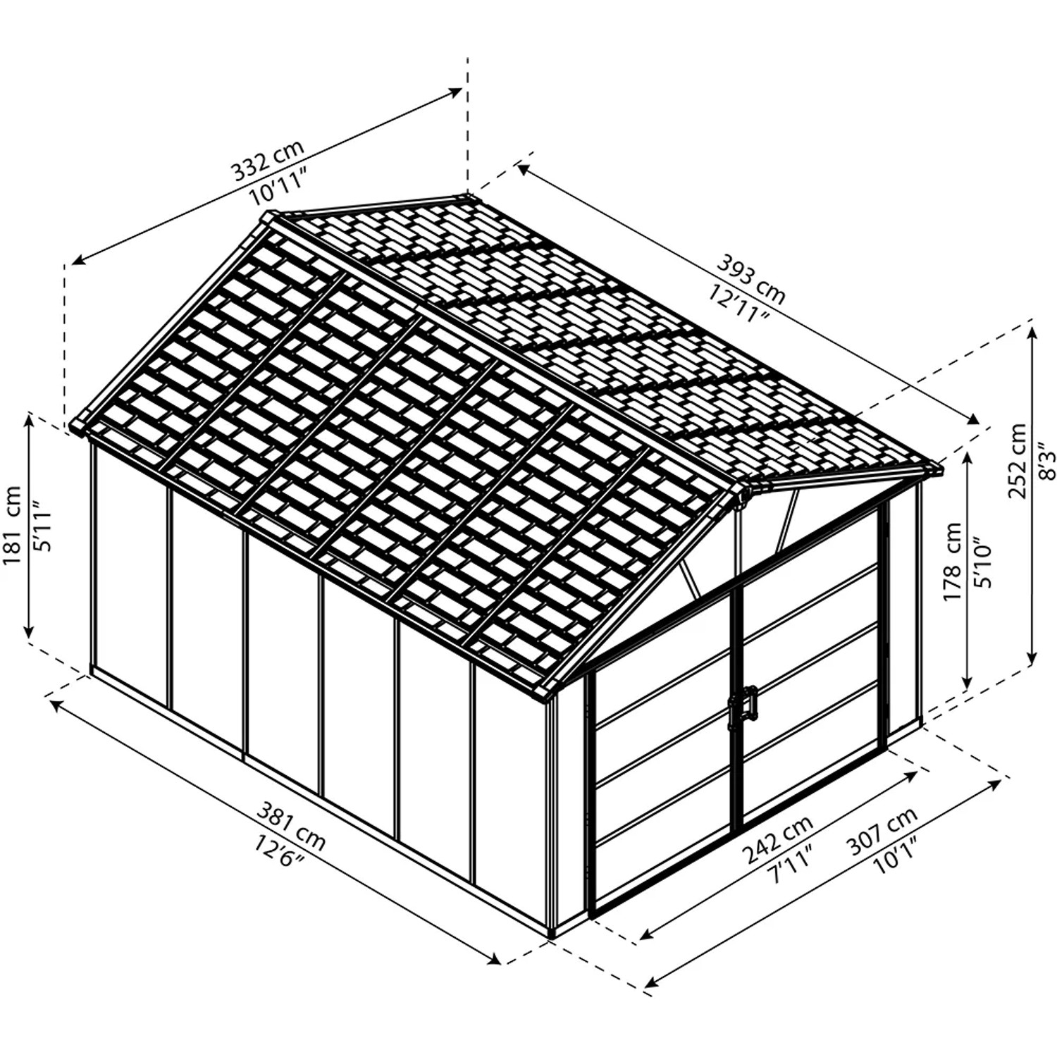 Graues Palram Canopia Gerätehaus Yukon 3.3 x 4 (13,1 m²) mit Maßangaben.
