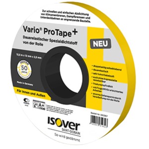 Isover Dichtstoff Vario ProTape+ Rolle, gelb/schwarz, für Dämmstoffzubehör. Doppelseitig klebend, dauerelastisch.