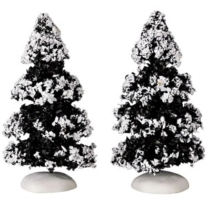 Lemax Deko-Weihnachtsbäume, 2er Set, für Ihr Weihnachtsdorf. Schwarze Bäume mit Schnee auf weißem Sockel.