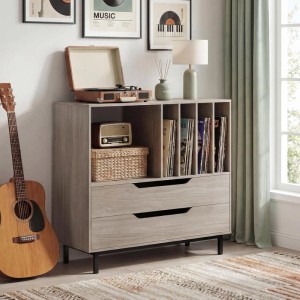 Grauer Plattenspielerständer mit Vinyl-Fächern, offenem Fach und 2 Schubladen. Ideal für Schallplatten & Audiozubehör.