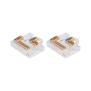 Zwei Paulmann MaxLED 90 Grad Eckverbinder für LED-Streifen, transparent mit goldenen Kontakten.