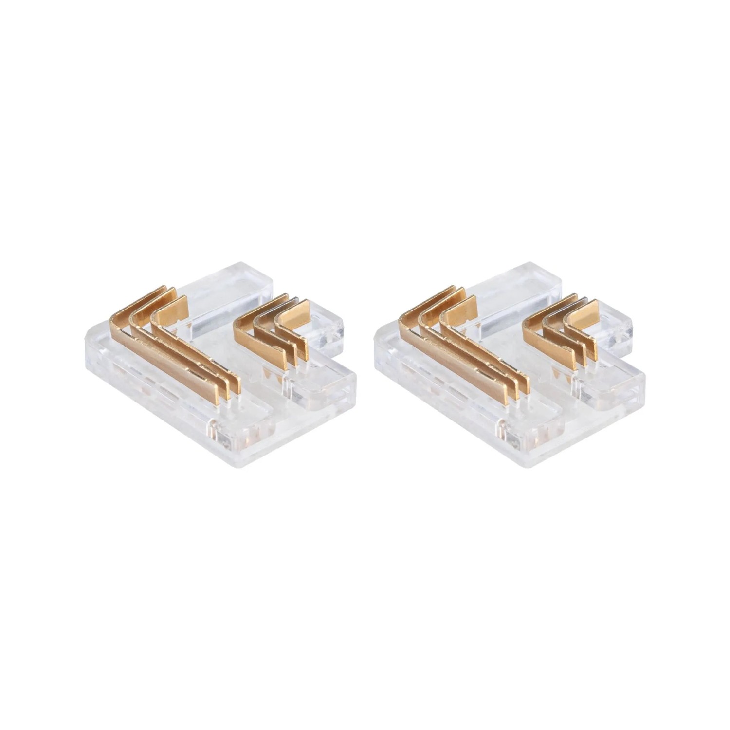 Zwei Paulmann MaxLED 90 Grad Eckverbinder für LED-Streifen, transparent mit goldenen Kontakten.
