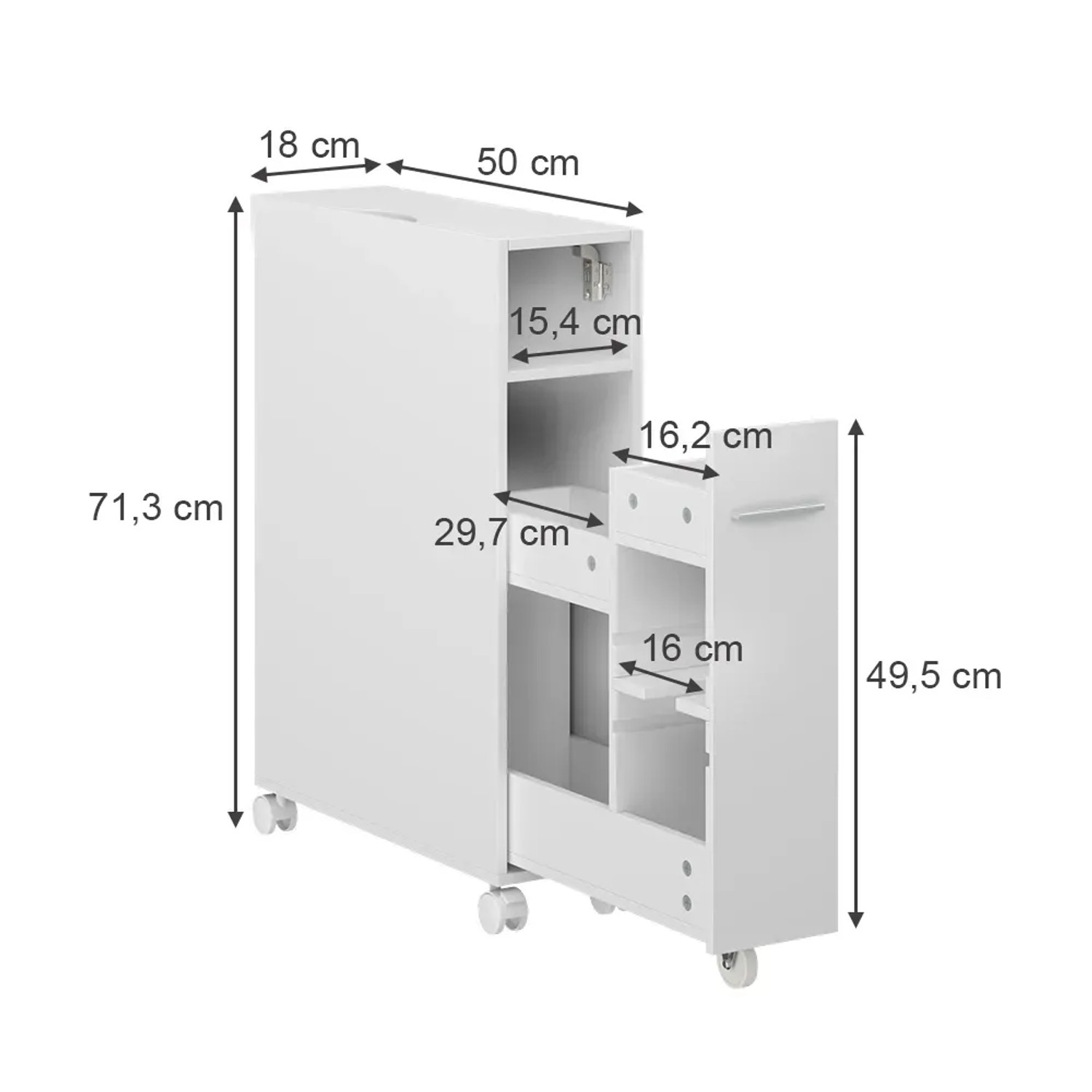 Vicco Toilettenschrank Niva, weiß, 18x71 cm, mit ausziehbarem Fach. Badregal für mehr Stauraum im Bad.