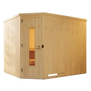 Weka Element-Ecksauna Varberg mit Holztür und 9 kW Ofen Sparset, Fichtenholz natur.