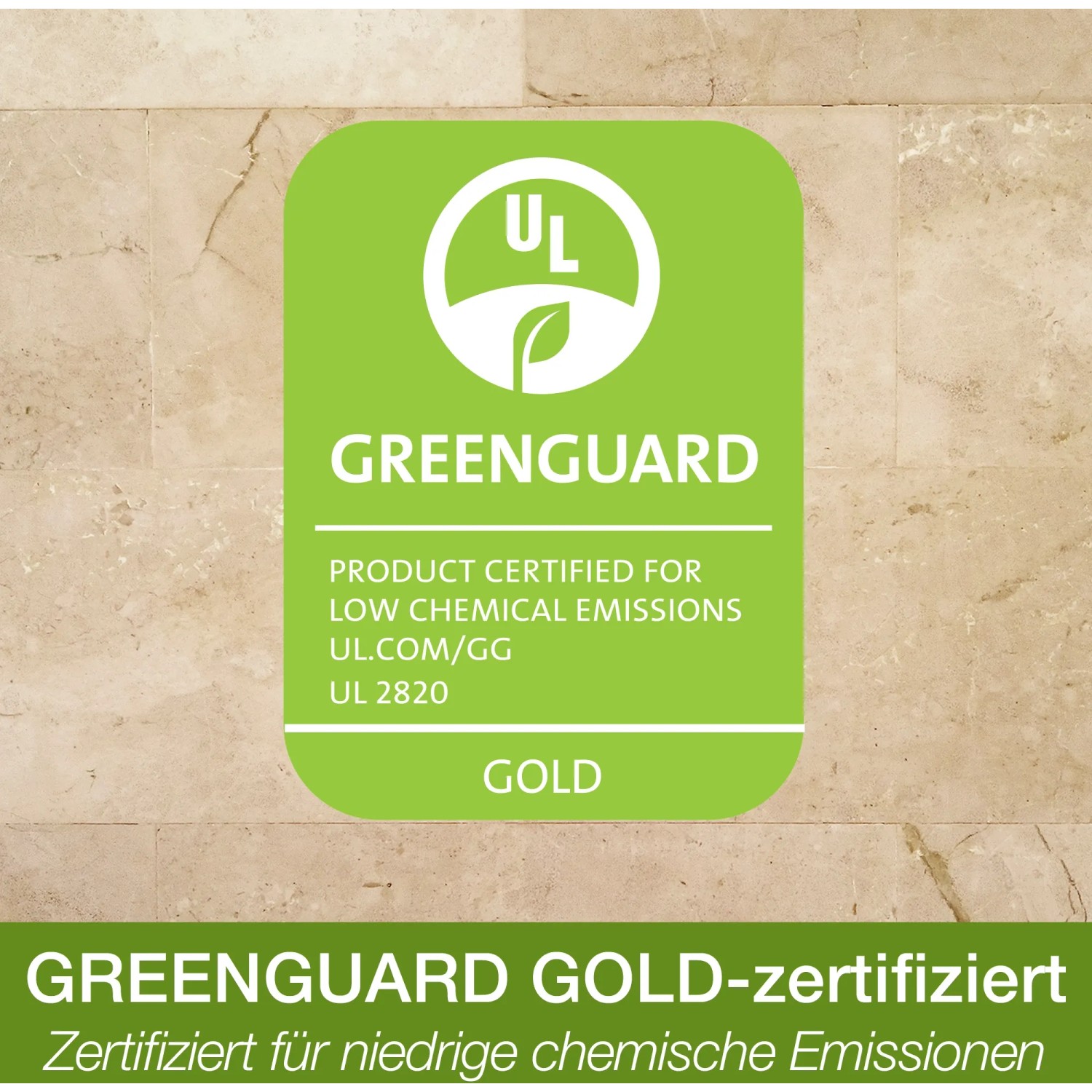 Bona Reiniger: Grünes Greenguard Gold Zertifikat für niedrige Emissionen.