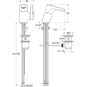 Technische Zeichnung: Ideal Standard Melange Waschtischarmatur mit Maßen und Anschlüssen.