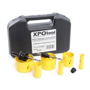 Xpotool Bi-Metall Lochsäge Set mit gelben Bohrkronen und Zentrierbohrern im schwarzen Koffer. 9-teilig.