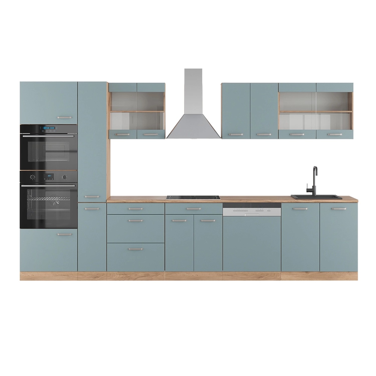 Vicco R-Line Küche Blau-Grau/Goldkraft Eiche 350 cm mit HochschrankAP Eiche günstig online kaufen