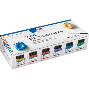 Kreul Acryl Metallicfarben Basis Set mit 6 Farben (Gold, Kupfer, Rot, Violett, Blau, Grün).