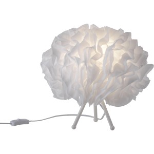 Weiße LED-Tischleuchte LOLAsmart-Naomi von Just Light mit Stoffschirm und drei Beinen.