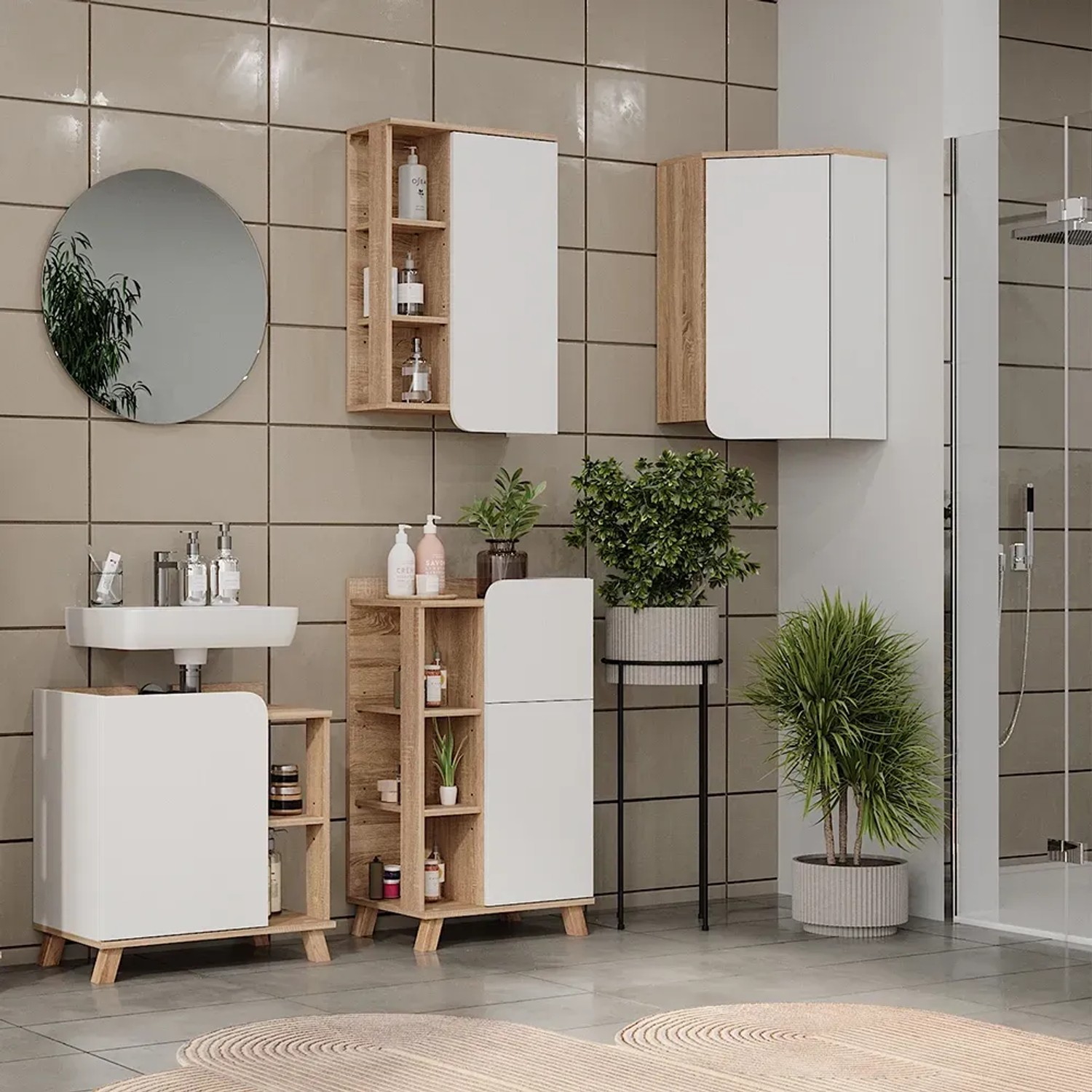 Vicco Badschrank Karen Sonoma/Weiß (50x75 cm) mit Tür und offenen Fächern im Badezimmer.