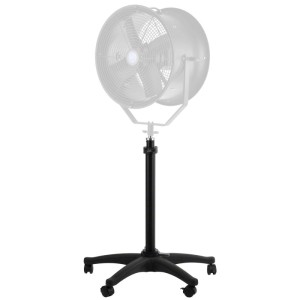 Schwarzes Walimex Pro Rollstativ mit fünf Rollen und höhenverstellbarer Säule, hält eine Windmaschine. Für Fotostudio und Beleuchtung.