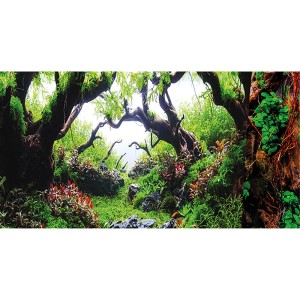 Selbstklebende Aquariumrückwand Green Dream: Üppige grüne Unterwasserlandschaft mit Bäumen, Pflanzen und Steinen. 60x30 cm.