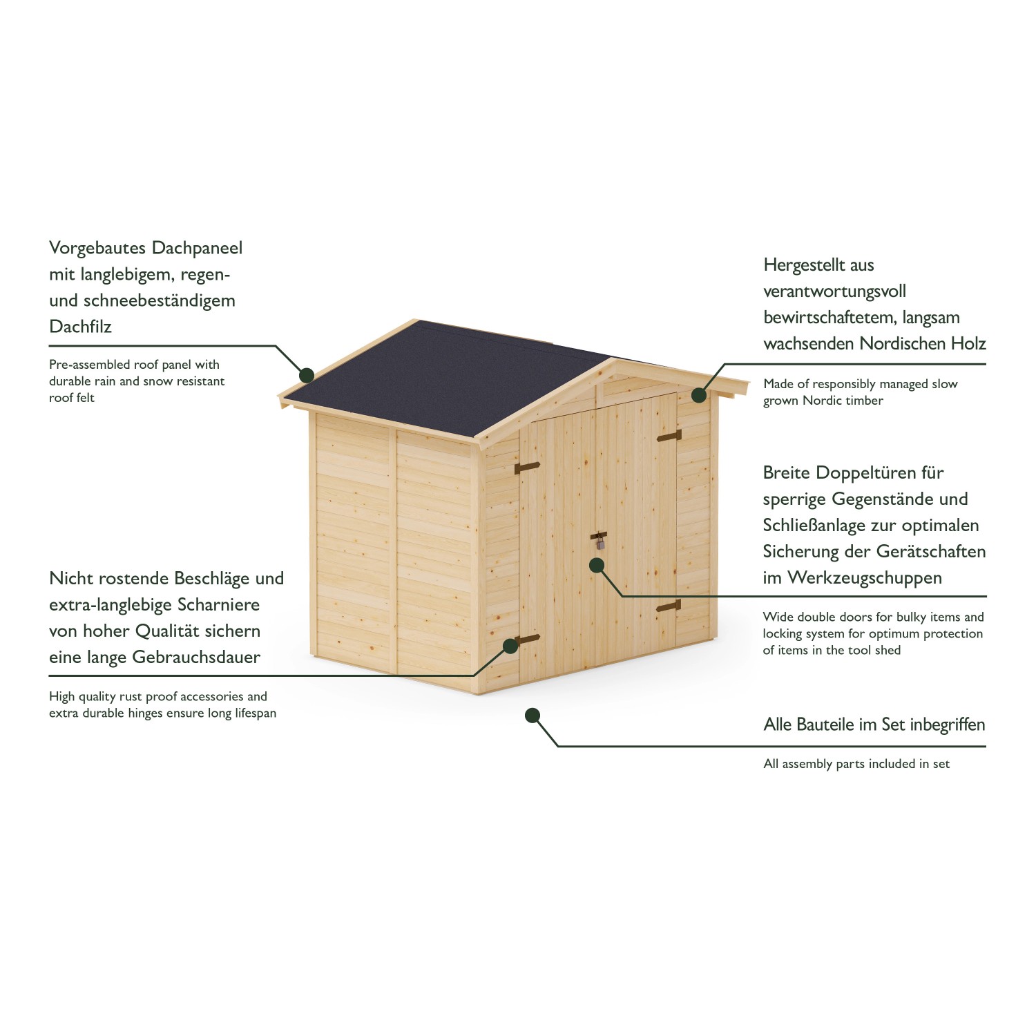Upyard Geräteschuppen aus Holz, 240x170 cm, naturbelassen. Gartenhaus mit Doppeltür und Dachfilz.