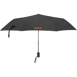 Offener schwarzer OBI Regenschirm, halbautomatisch, 98 cm Durchmesser, mit OBI-Logo und Handschlaufe.