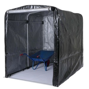 Anthrazitfarbenes PROREGAL Gerätehaus/Fahrradbox mit Schubkarre. Wetterfest, UV-Schutz.