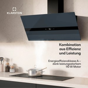 Dunkelgraue Klarstein WiFusion Dunstabzugshaube mit WiFi, LED-Beleuchtung und digitalem Display über einem Kochfeld. Modernes Design, A++ energieeffizient.