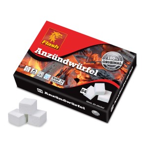 Flash Anzündwürfel Paraffin, 64 Stück, in roter Verpackung mit Würfel-Abbildung.