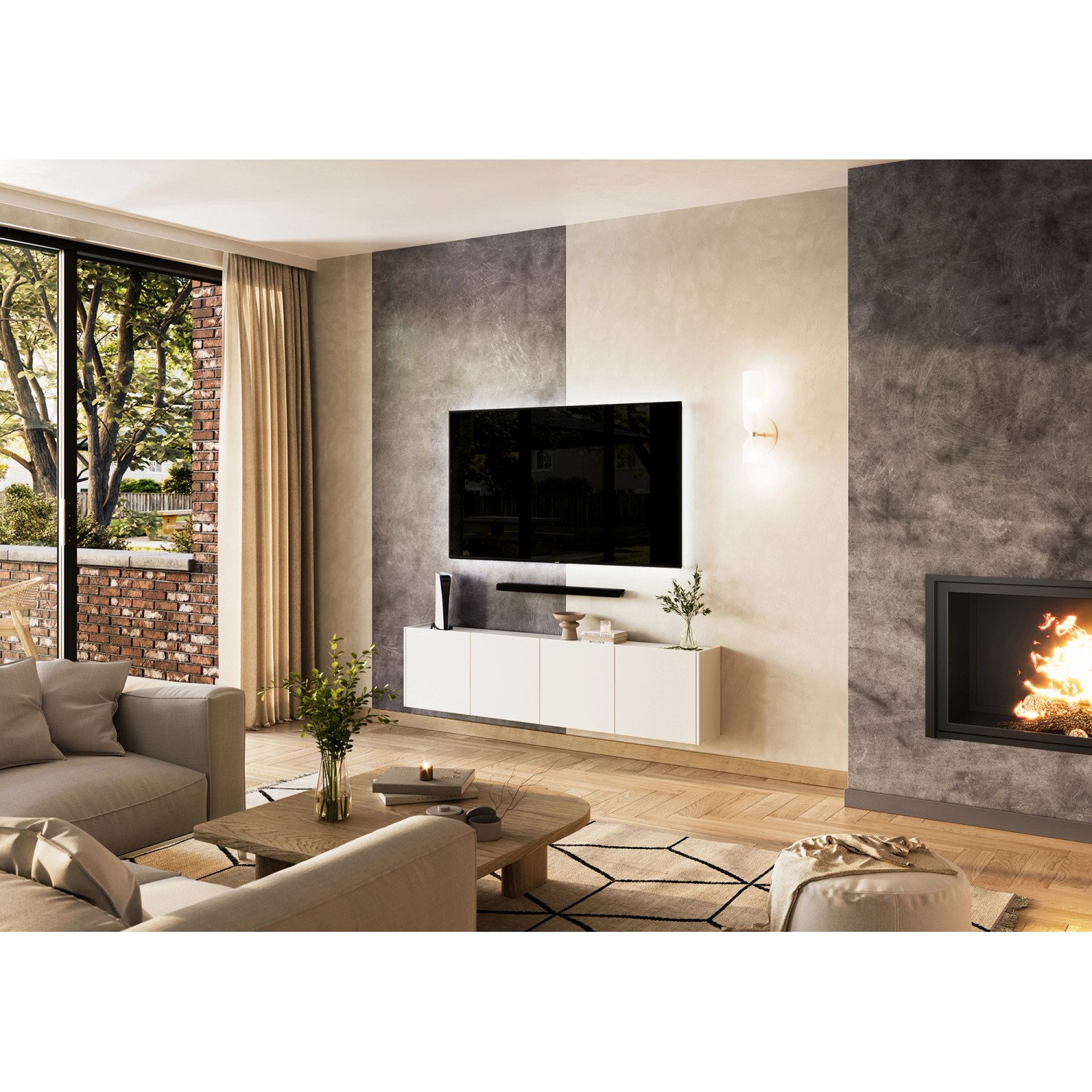 Weißer Germania Mehrzweckschrank (183x45x25cm) im Wohnzimmer unter TV montiert.