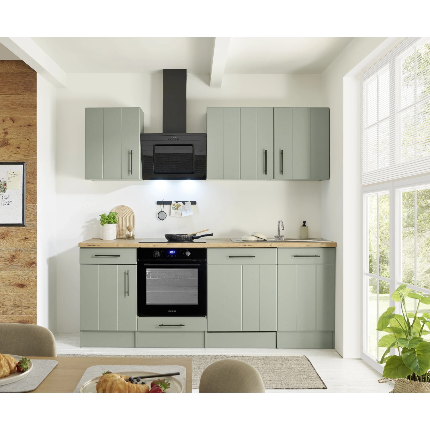 Respekta Küchenzeile Anton Landhaus Schilfgrün 220 cm mit Induktionskochfeld