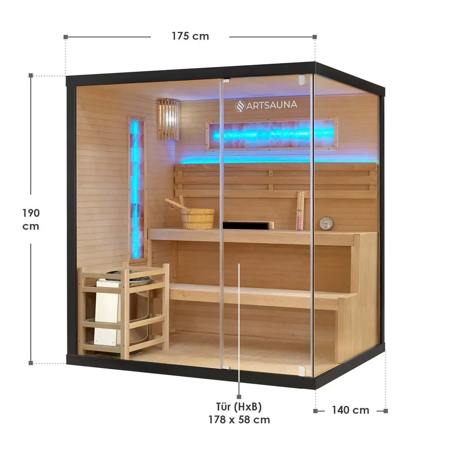 Artsauna Vantaa Sauna: Traditionelle Sauna 175x140cm mit 8kW Ofen, Glasfront und Ambientebeleuchtung.
