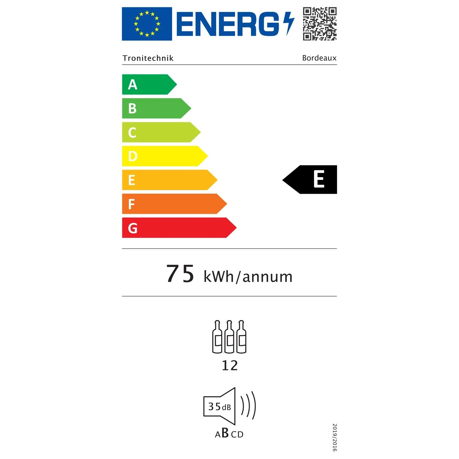 Energieeffizienzlabel für TroniTechnik Weinkühlschrank Bordeaux, Energieklasse E, 75 kWh/Jahr, 35dB.