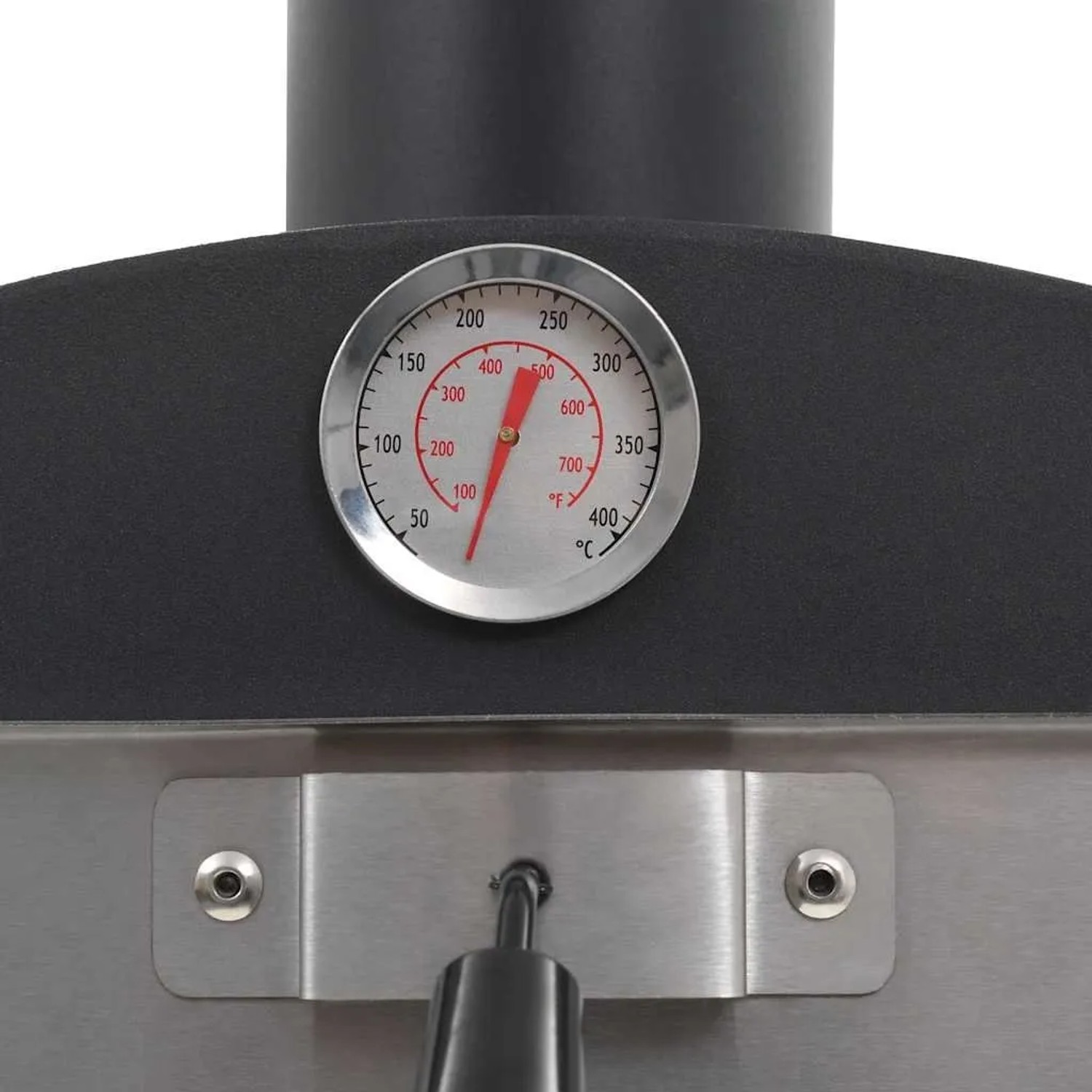 Detailaufnahme: Thermometer am Holzkohle Pizzaofen von vidaXL.