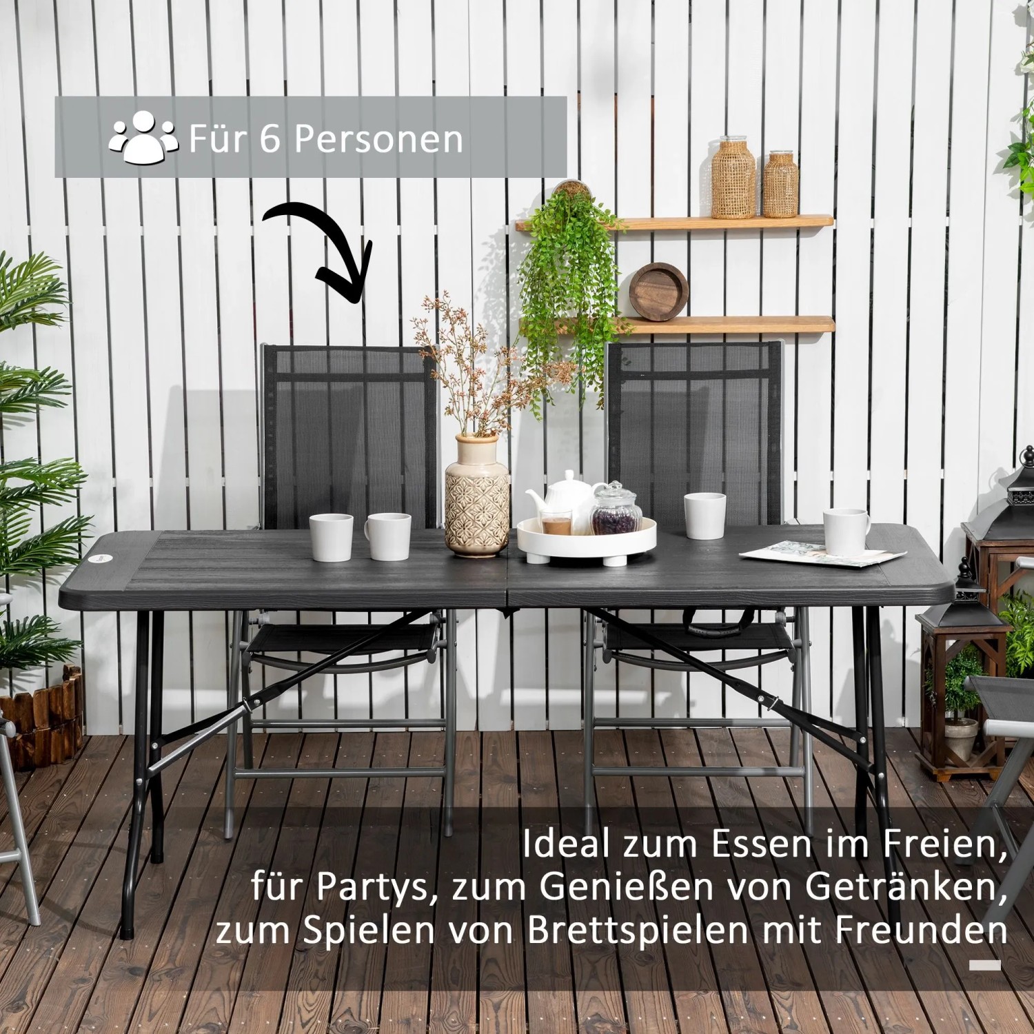 Dunkelgrauer Outsunny Gartentisch aus Stahl und HDPE in Holzoptik, klappbar für 6 Personen, auf einer Terrasse.