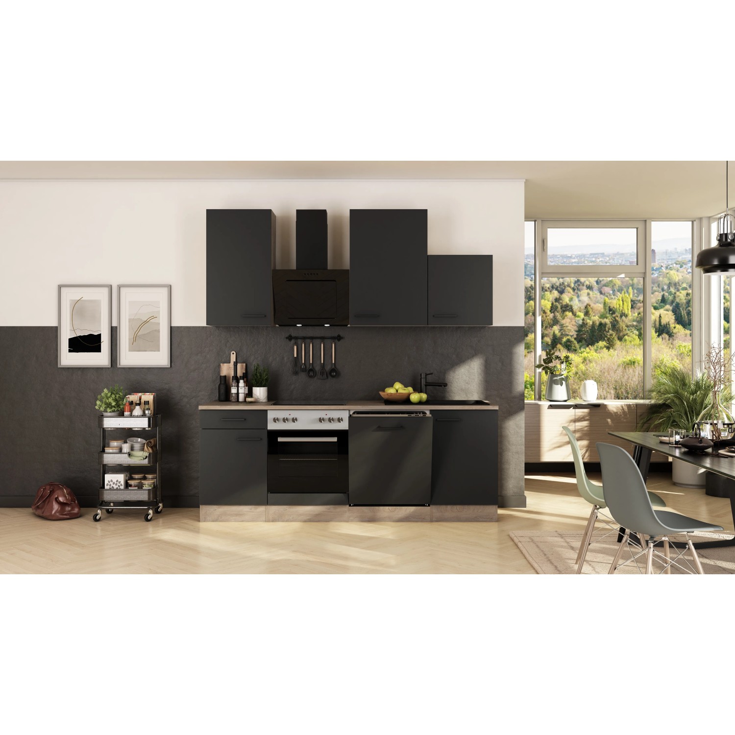 Flex-Well Exclusiv Küche Capri, 220 cm, Schwarz Matt/Eiche, mit E-Geräten und Spüle.