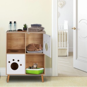 Relaxdays Katzenschrank MDF Kiefernholz Natur Weiß Mit 4 Fächern 96 cm x 75 cm x 40 cm 18,1 kg