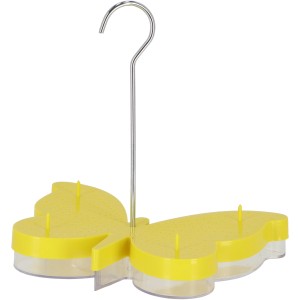 Gelbe Esschert Futterschale in Schmetterlingsform mit Haken zum Aufhängen. Nützlingsheim für den Garten.