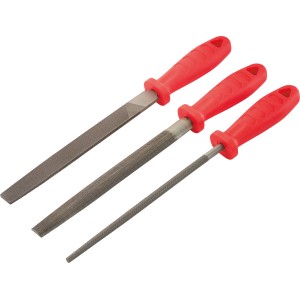 Ellix Feilensatz, 3-teilig: Flach-, Halbrund- und Rundfeile mit rotem Griff.
