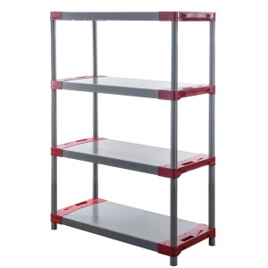 Graues PROREGAL Kunststoffregal Grey Bear Low mit 4 Böden, Fachlast 120kg, rot/grau.