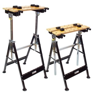 2 klappbare, höhenverstellbare TRUTZHOLM Werkbänke (je 100kg) mit Holzplatte und schwarzem Gestell.