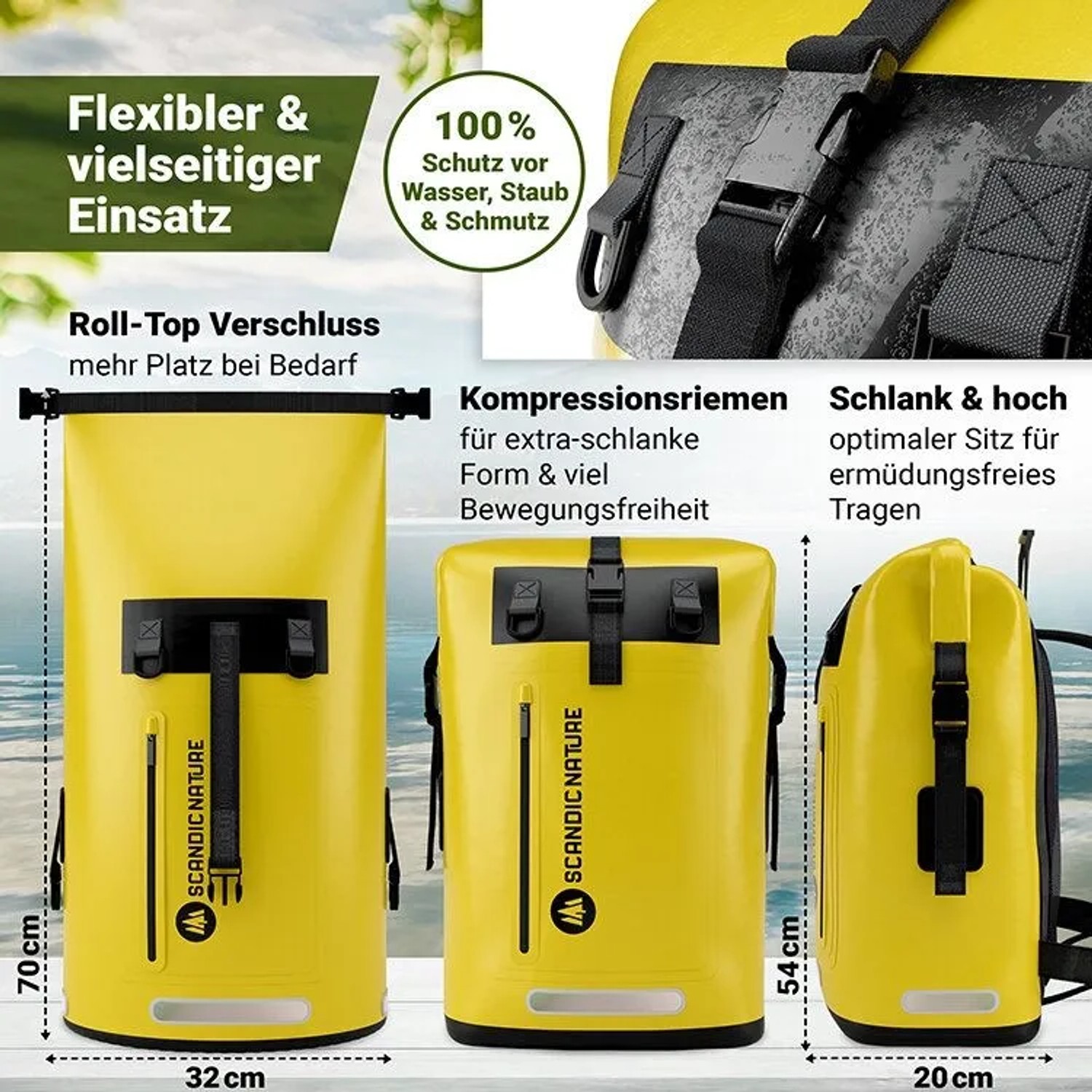 Gelber SCANDIC NATURE Pioneer 35L Roll Top Rucksack, wasserdicht, mit Kompressionsriemen. Zeigt verschiedene Größen.