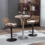 Zwei höhenverstellbare Barhocker mit Rattan Rückenlehne, Fußstütze und dunklem Metallgestell, 360° drehbar.