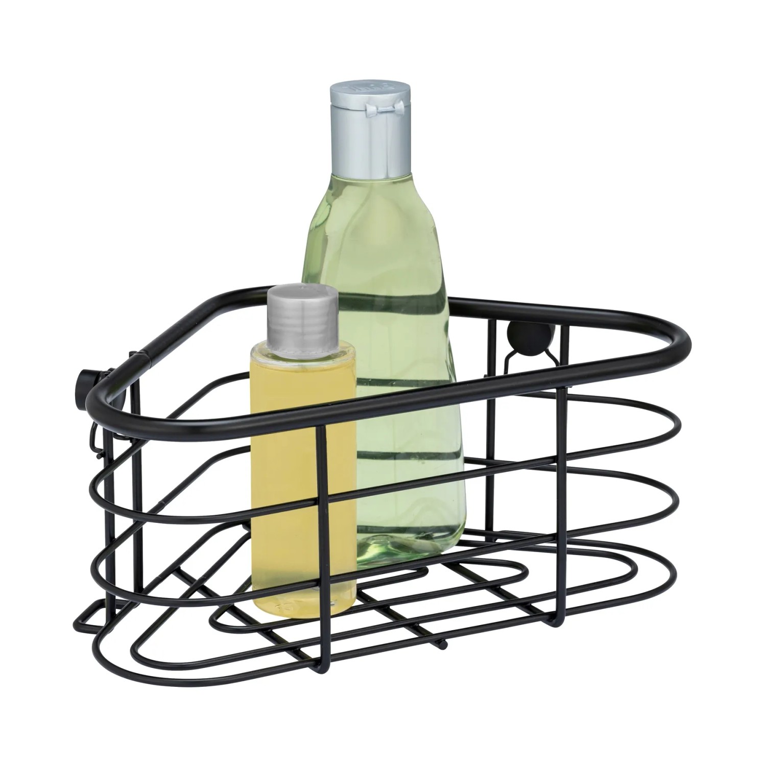 Schwarze Wenko Eckablage Trestina aus Edelstahl mit zwei Flaschen, geeignet für Bad-Utensilien.