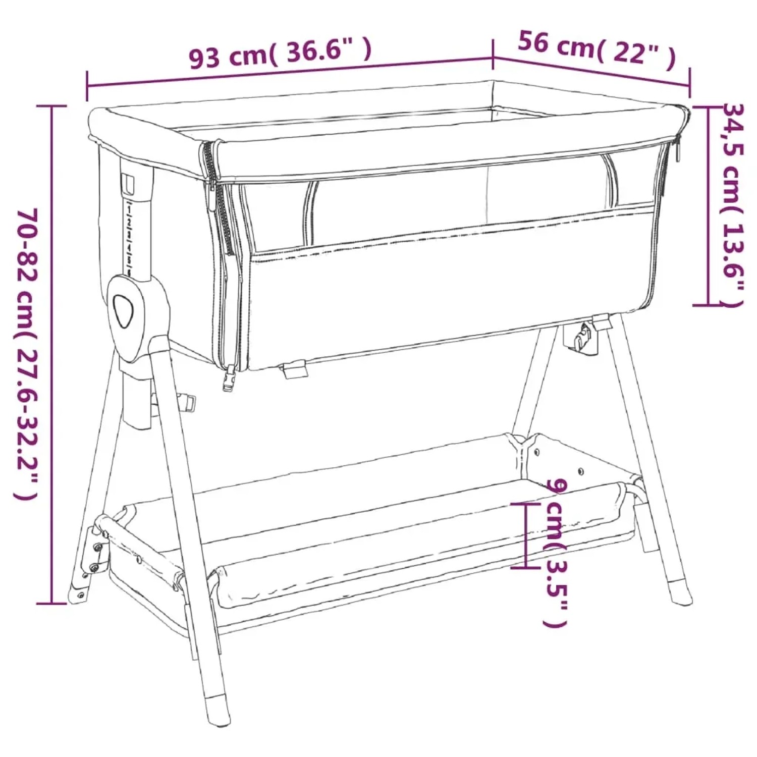 vidaXL Babybett mit Matratze, höhenverstellbar, mit Stauraum. Abmessungen: 93x56x70-82 cm.