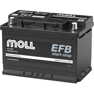 MOLL EFB Start-Stop Starterbatterie 12V 74Ah 720A. Schwarze Autobatterie mit zwei Anschlüssen für Fahrzeuge.
