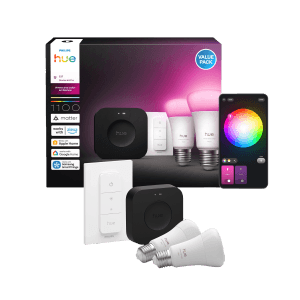 Philips Hue Bridge Pro Set mit Dimmer und 2 E27 White & Color Leuchtmitteln für smarte Beleuchtung.