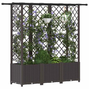 Braunes Hochbeet mit Rankgitter und Dach, bepflanzt mit Kletterpflanzen und Hängekörben. Für Garten & Balkon.