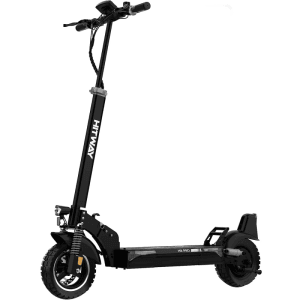 Schwarzer HITWAY H9 Pro E-Scooter mit 10 Zoll Offroad-Reifen, Doppelfederung, Scheibenbremsen und LED-Licht.