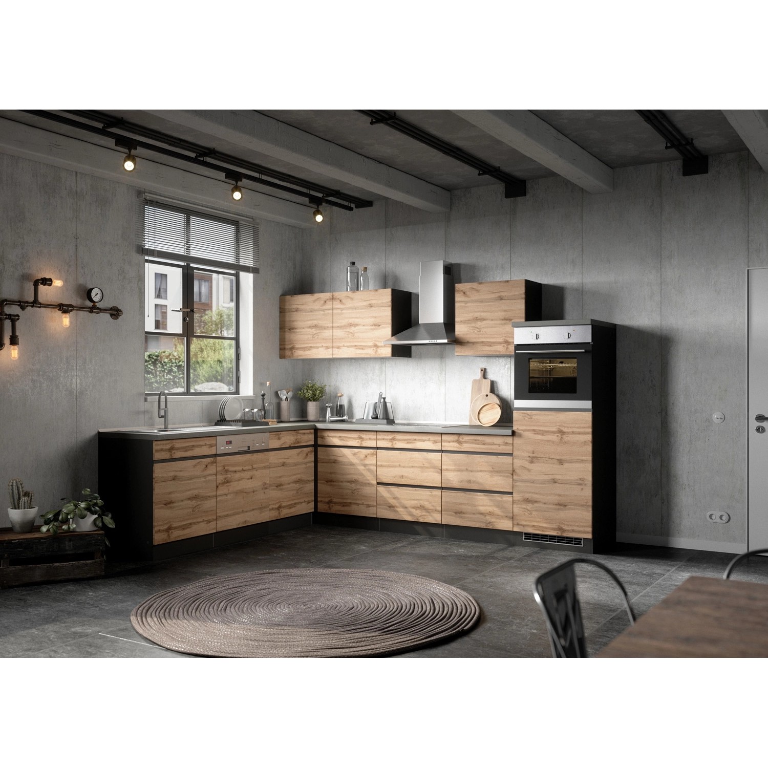 Held Möbel Winkelküche/L-Küche Turin 300 x 240 cm Wotaneiche-Graphit mit E-Geräten