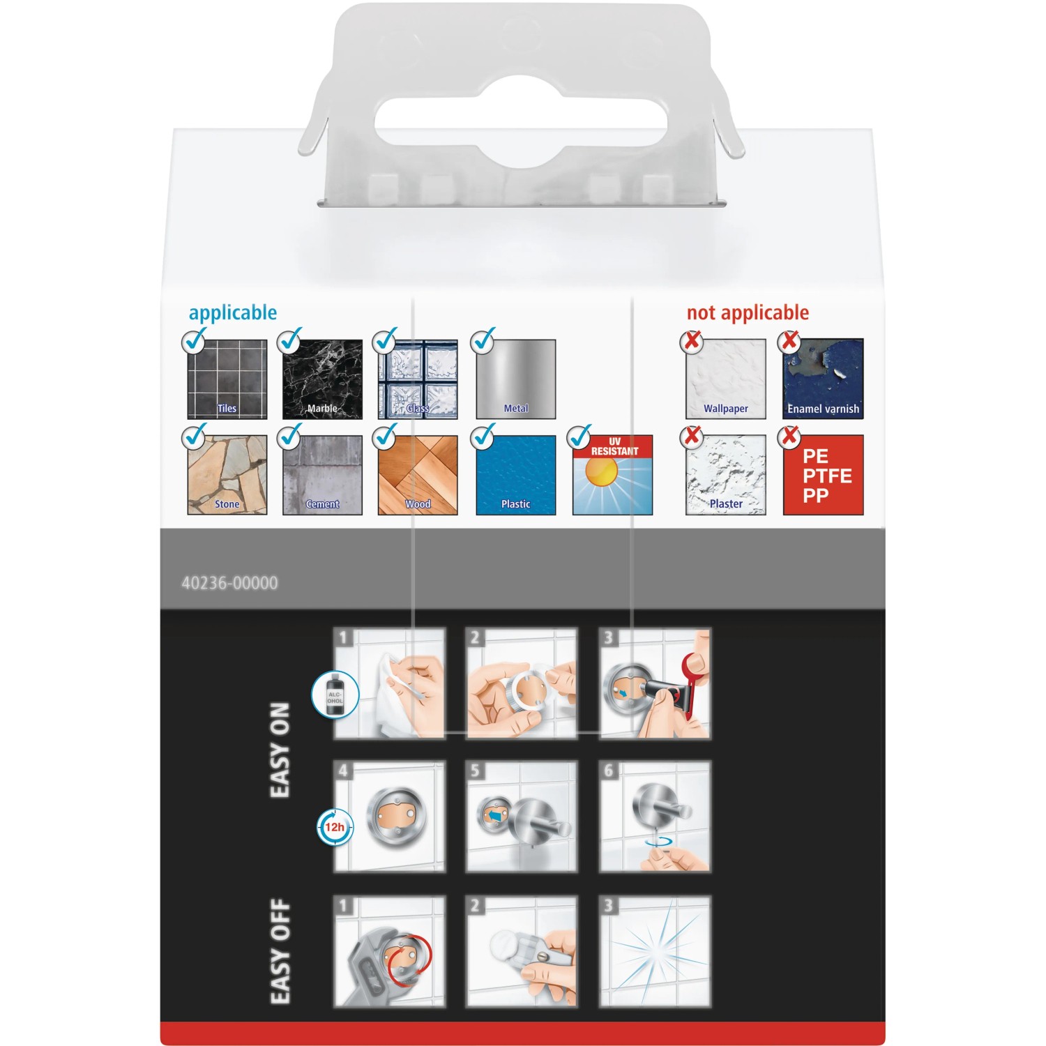 Verpackung Tesa Ekkro Garderobenhaken verchromt: Montageanleitung und geeignete Untergründe.