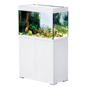 Oase Aquarium-Set StyleLine 175 Weiß mit Unterschrank, bepflanzt und mit Fischen.