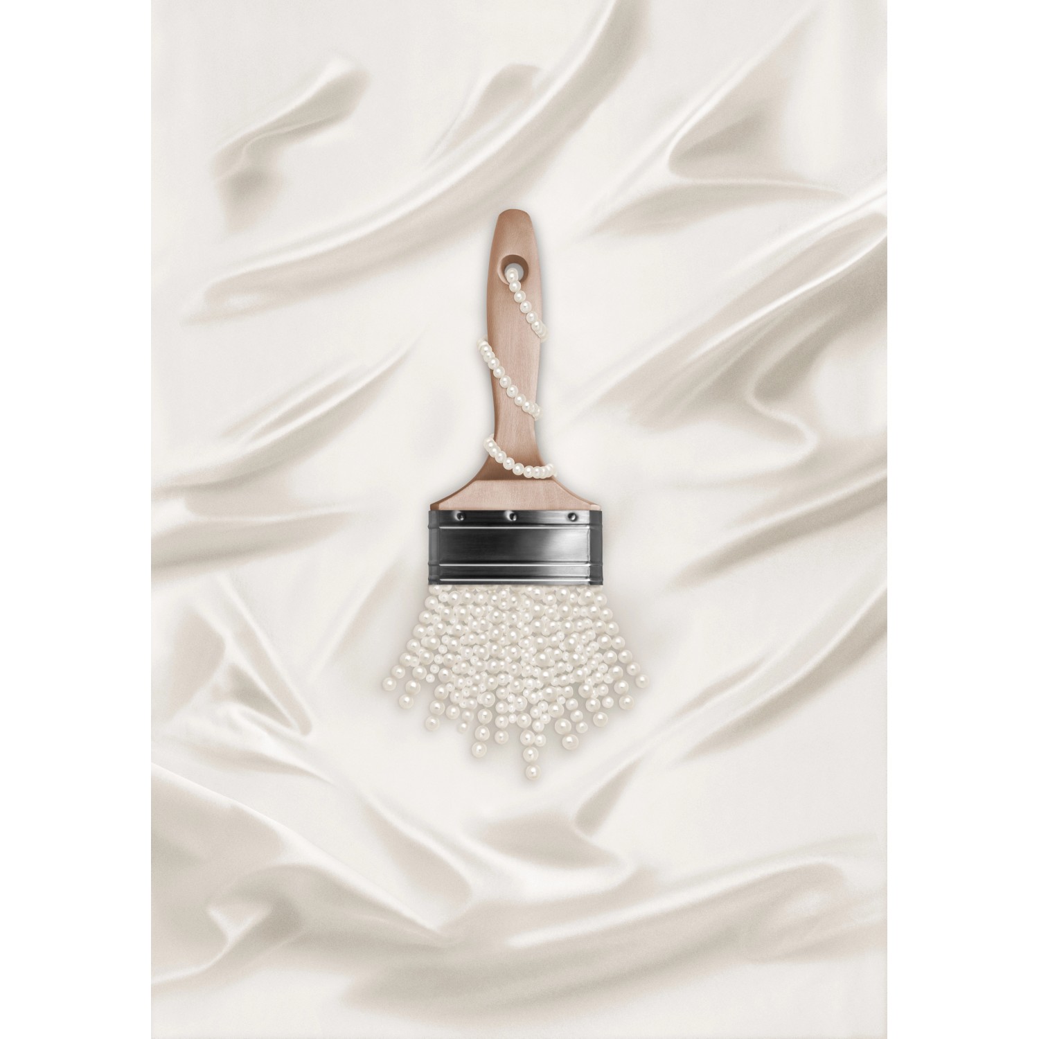 Schöner Wohnen Trendfarbe Pearl, matte Wandfarbe mit Pinsel und Perlenkette verziert.