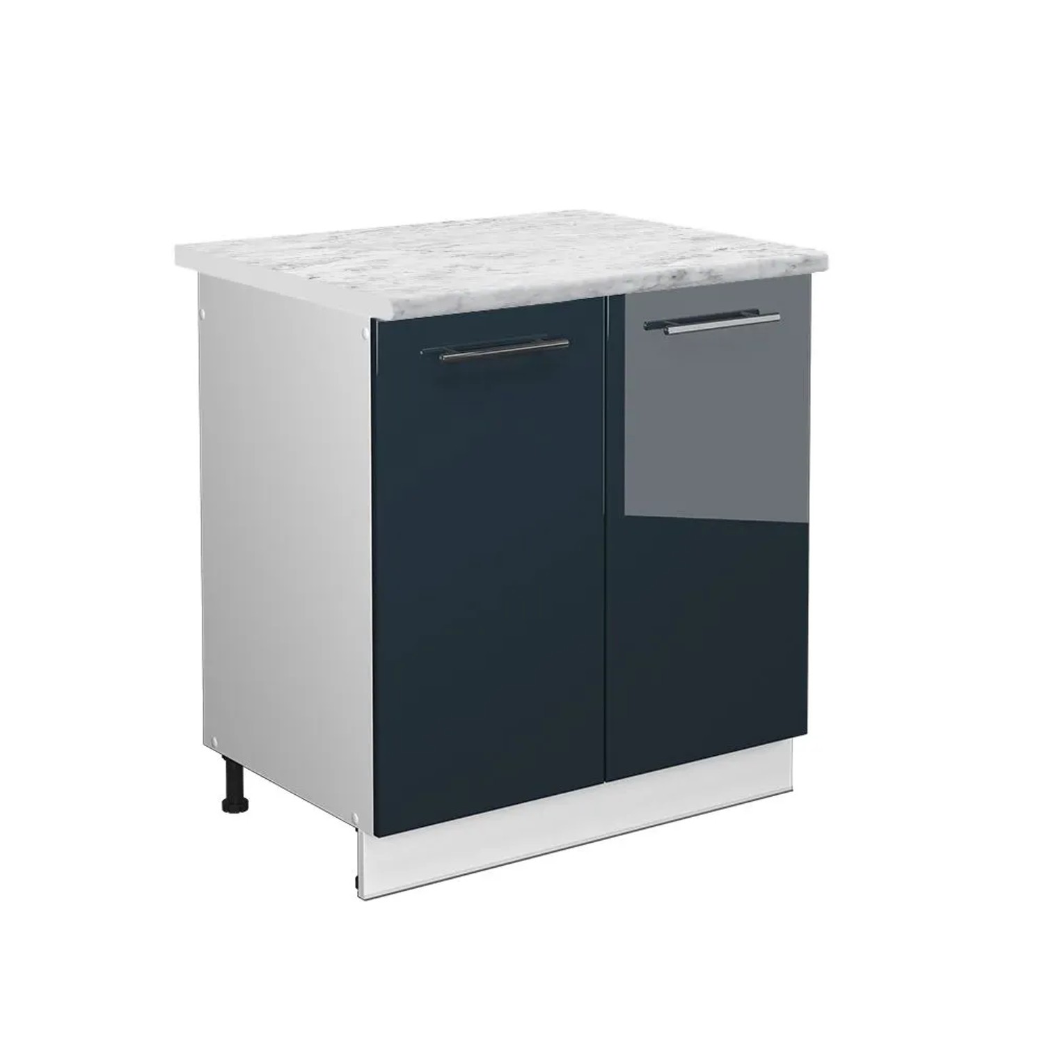 Vicco Spülenunterschrank Fame-Line DunkelBlau Hochglanz Weiß 80 cm AP Marmor