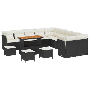 Schwarzes 14-teiliges vidaXL Garten-Sofa-Set aus Poly Rattan mit Tisch und Hockern.