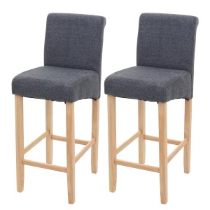 2er-Set dunkelgraue gepolsterte Barhocker mit Lehne, hellen Holzbeinen. Sitzhöhe 75cm Barstühle.