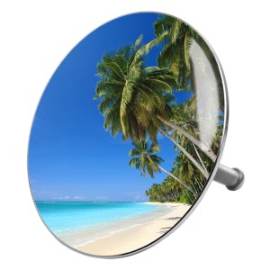 Sanilo Badewannenstöpsel mit Karibik-Motiv: Strand und Palmen für Ihr Badezimmer.
